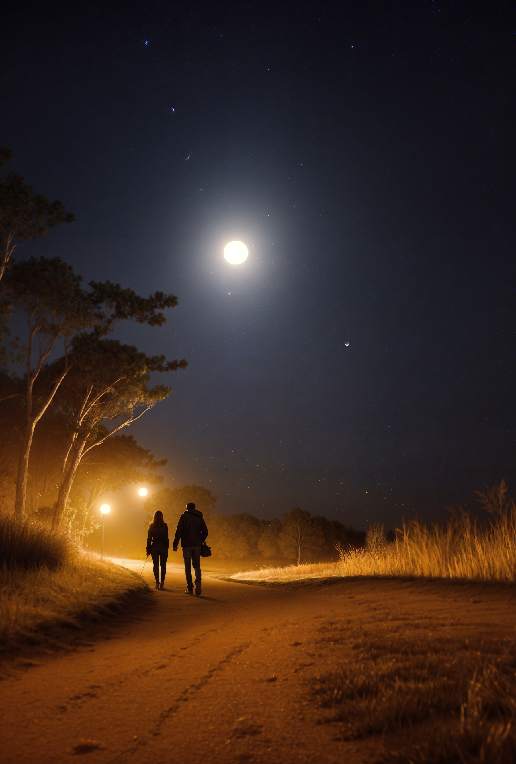 Nighttime Stroll Under Full Moon and Streetlights