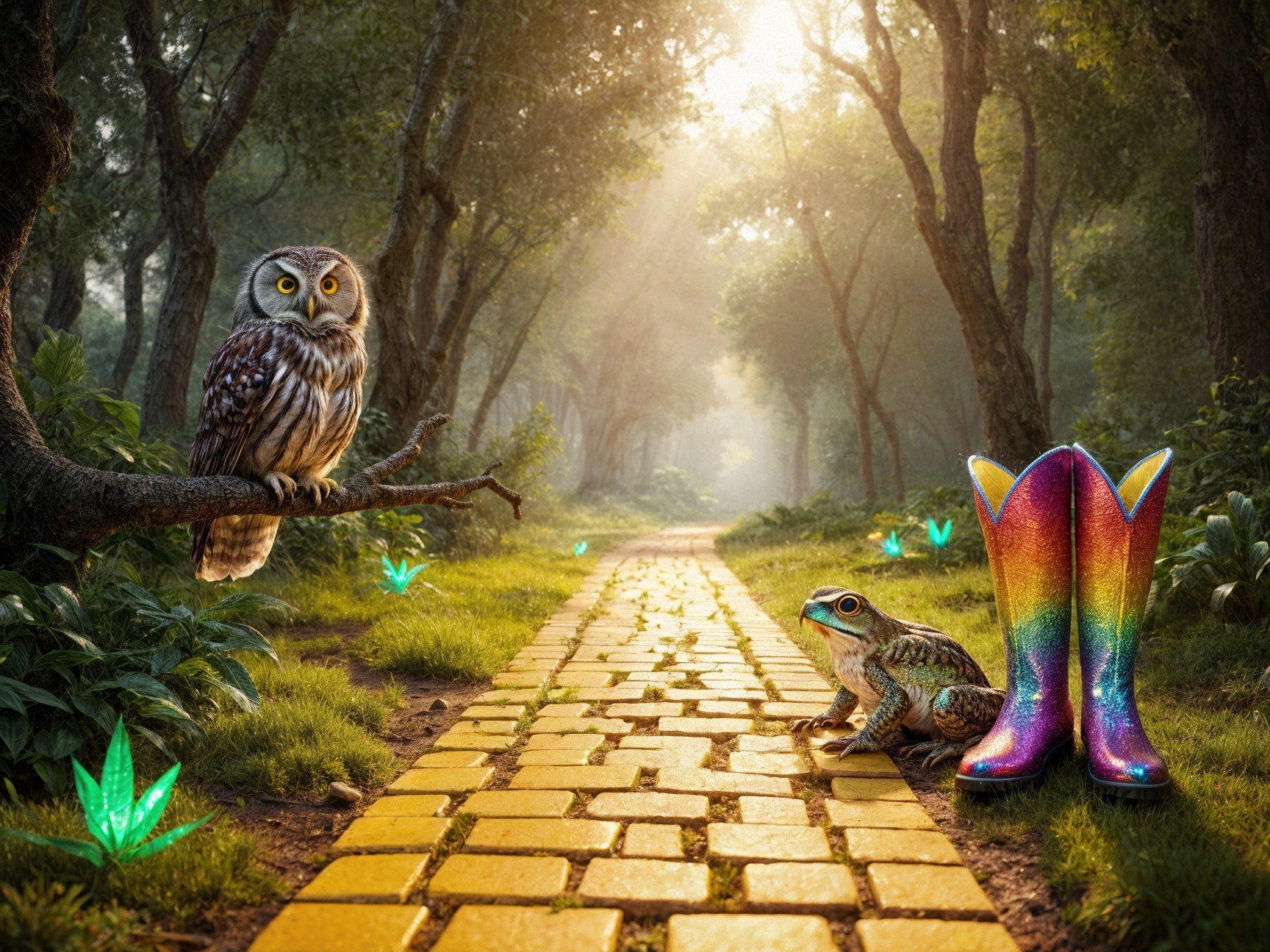 Magical Forest Scene with Owl, Frog, and Boots