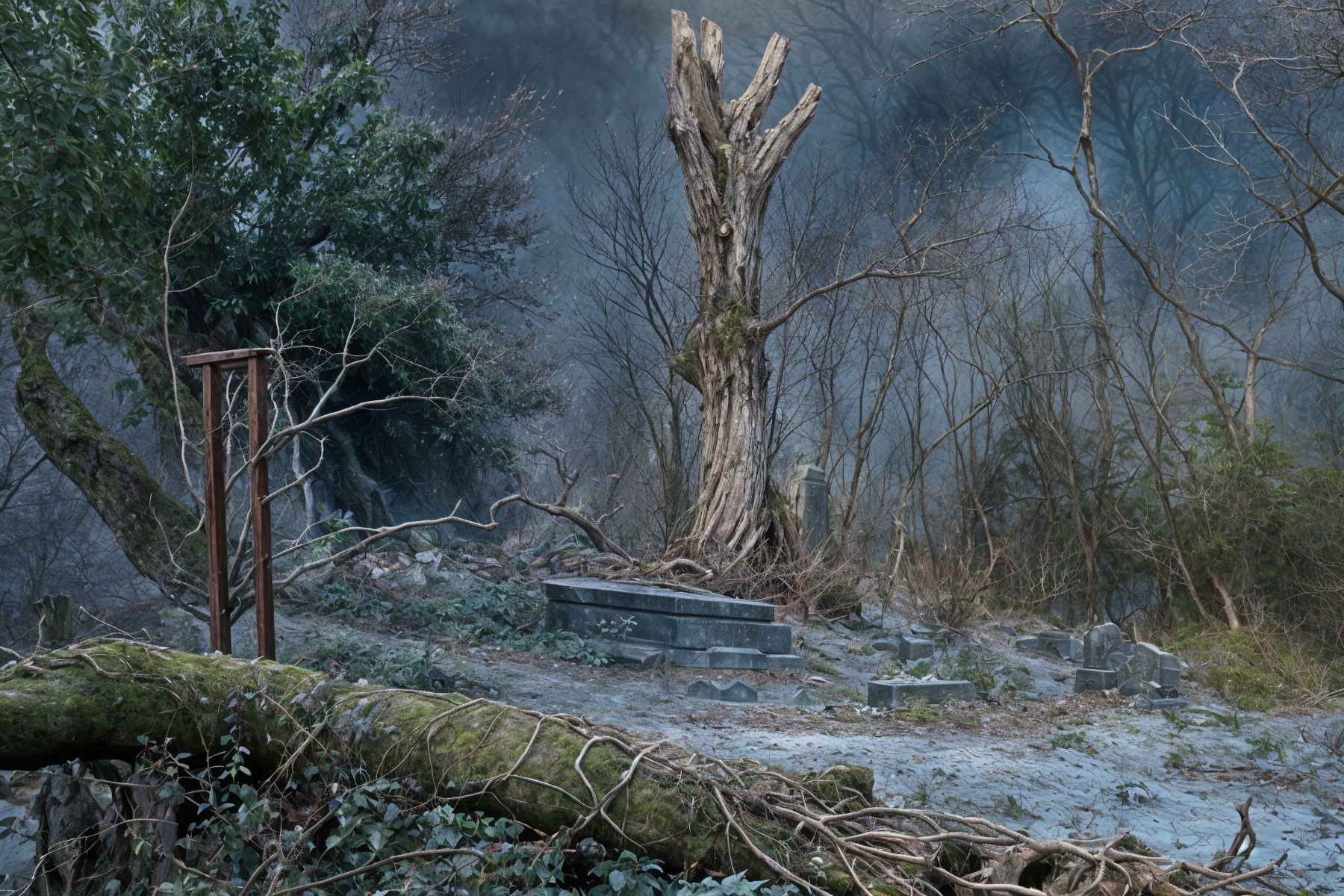 Misty Landscape with Dead Tree and Gravestone