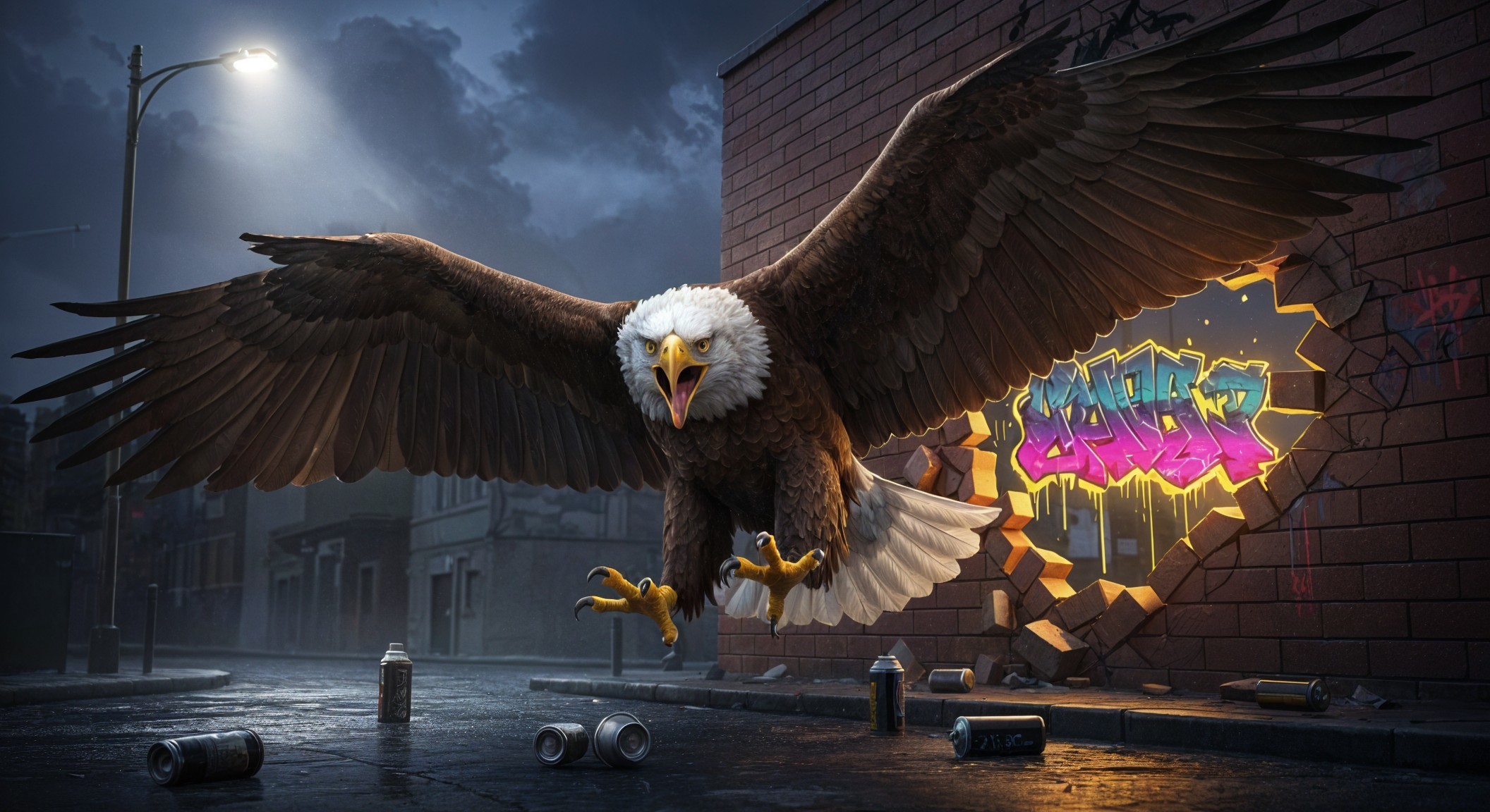 Eagle Soaring Through Urban Wall with Graffiti Backdrop