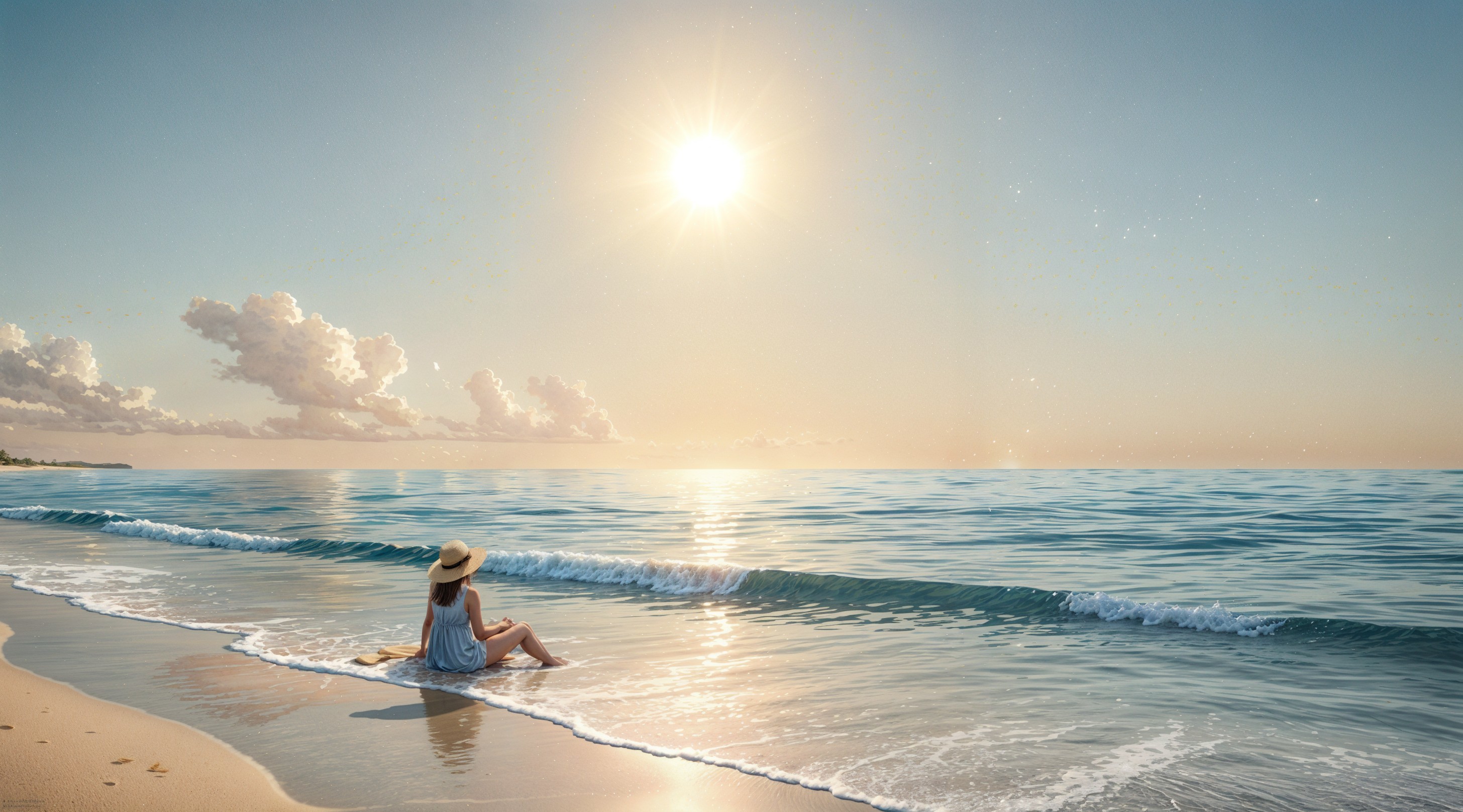 Serene beach scene at sunrise with a woman by water