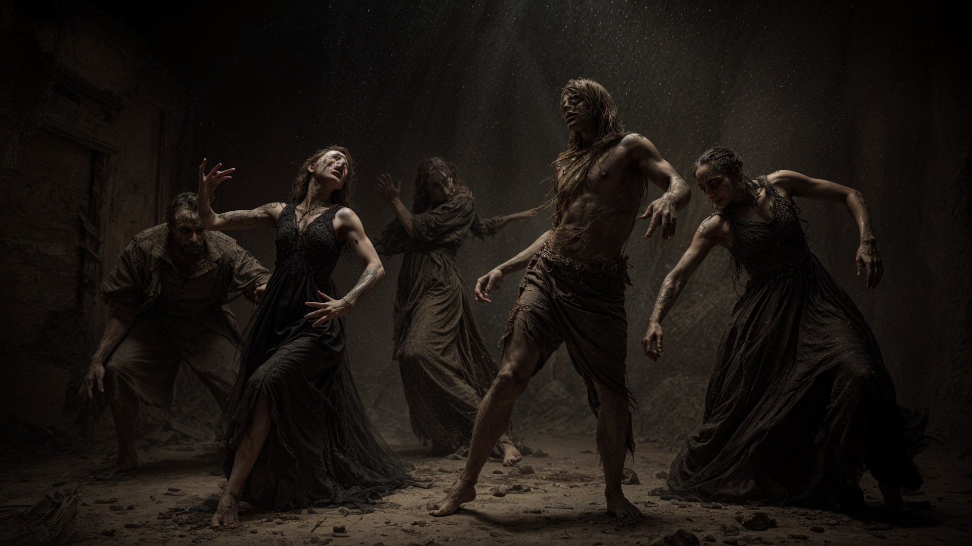 Dramatic Scene with Five Figures in Dark Clothing