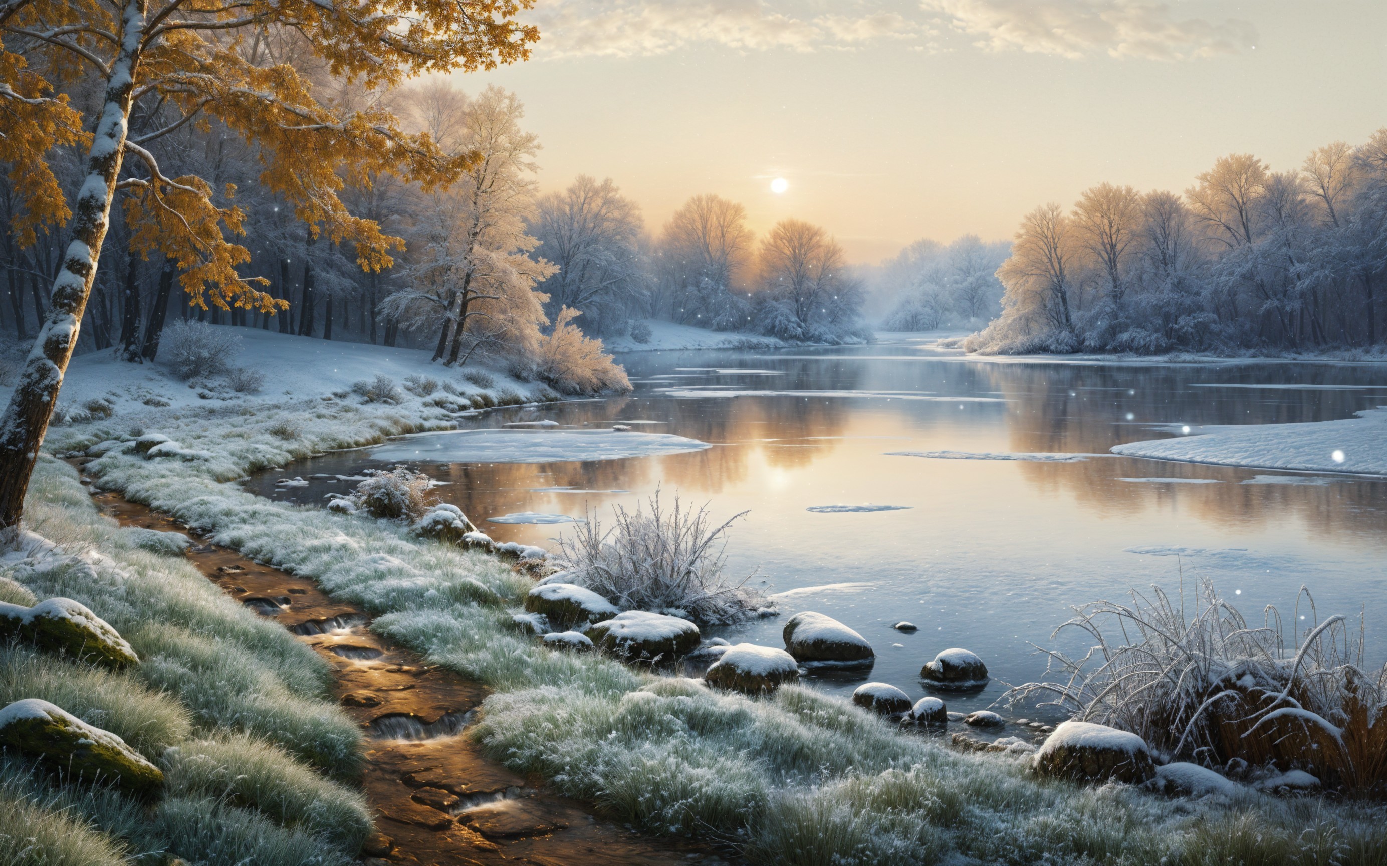 Serene Winter Landscape with Tranquil River and Snow
