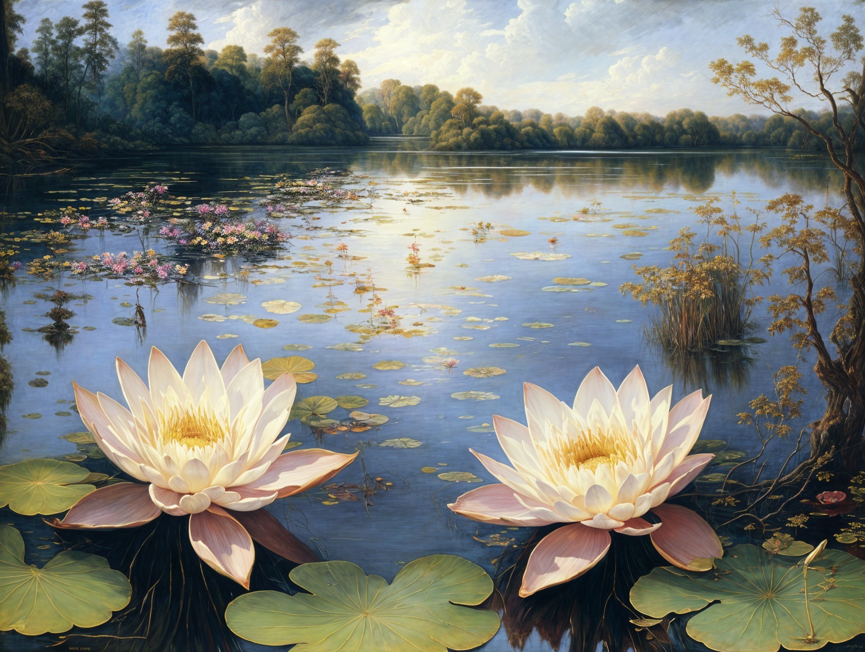 Tranquil Lake with Vibrant Water Lilies and Greenery