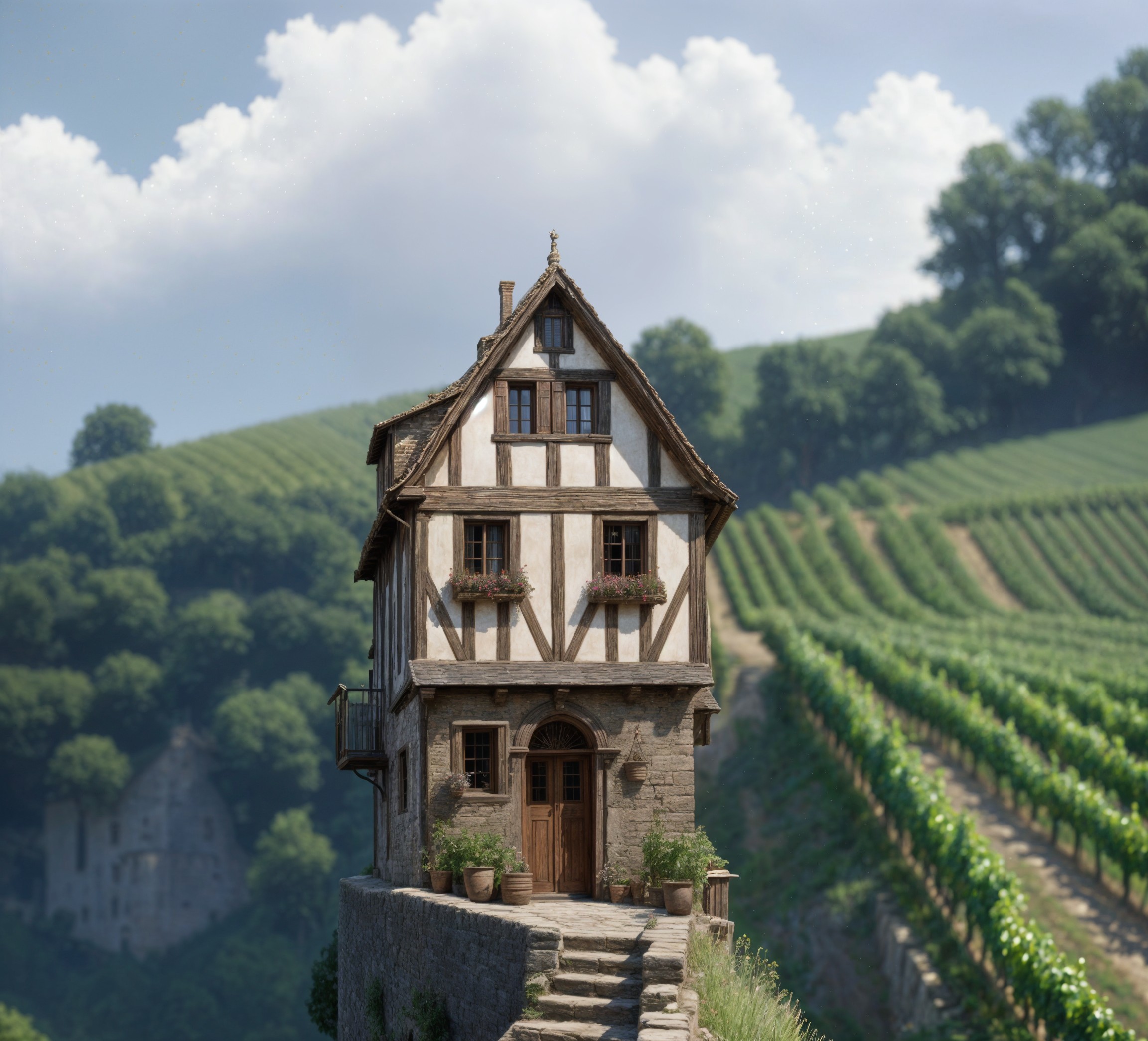 Traditional Timber-Framed House in Vineyard Landscape
