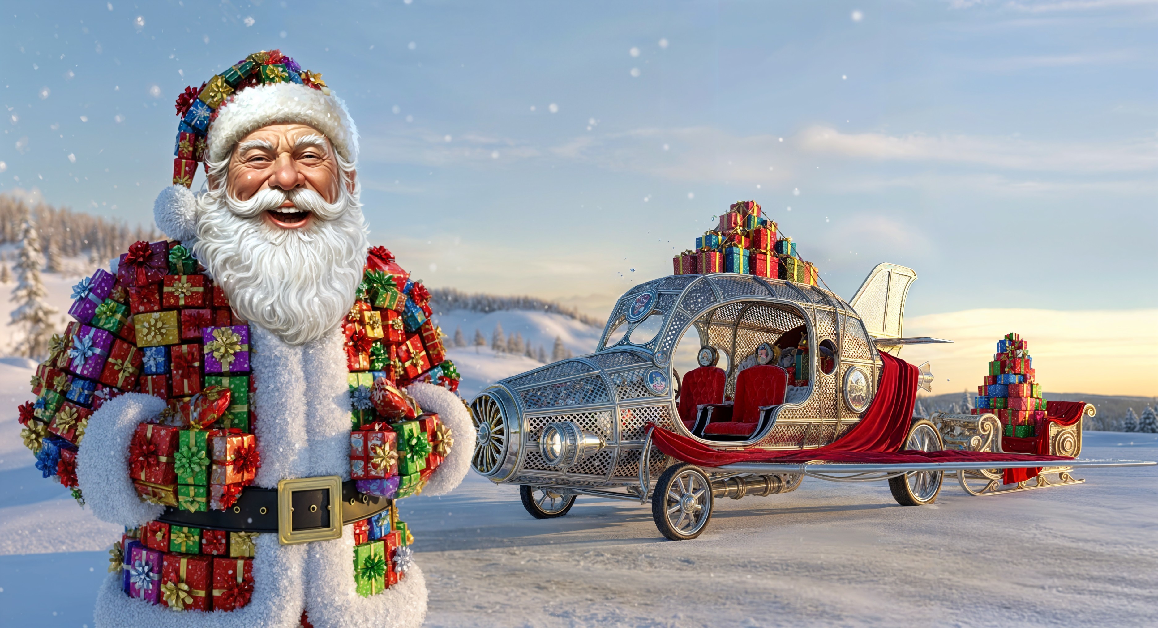 Santa Claus in Christmas Suit with Sleigh and Snowy Background