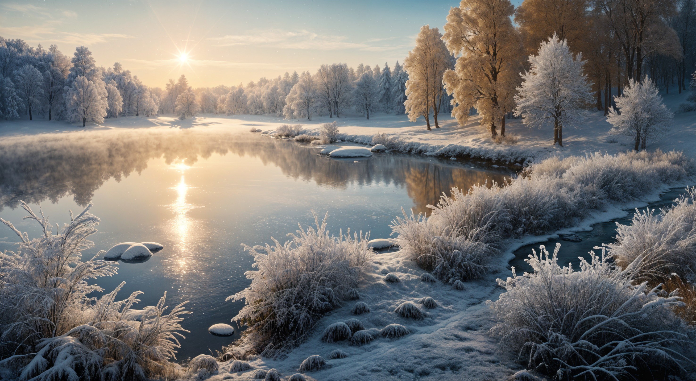 Tranquil Winter Sunrise Over a Frosty River Scene