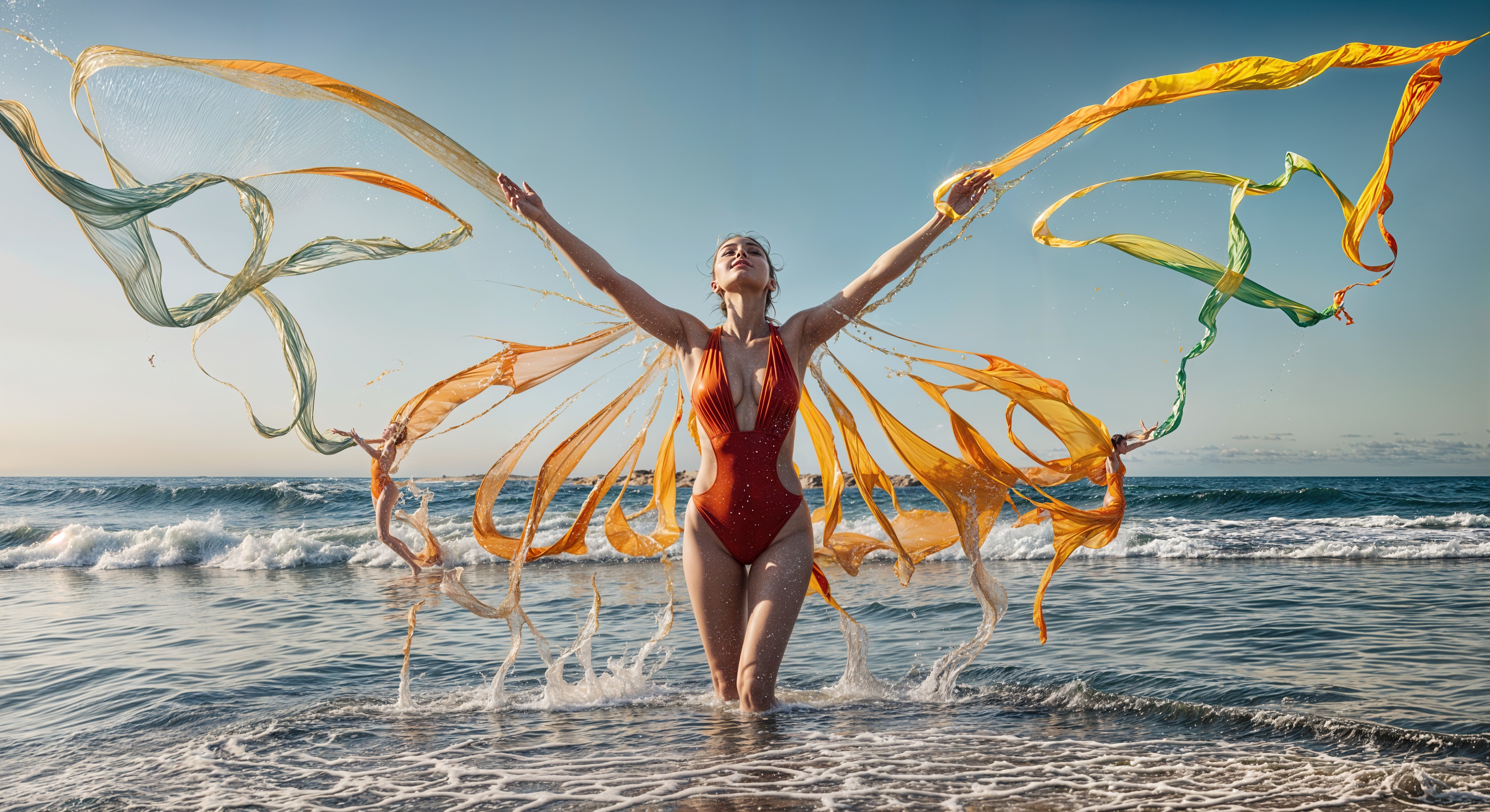 Woman in Ocean Water with Butterfly Fabric Wings