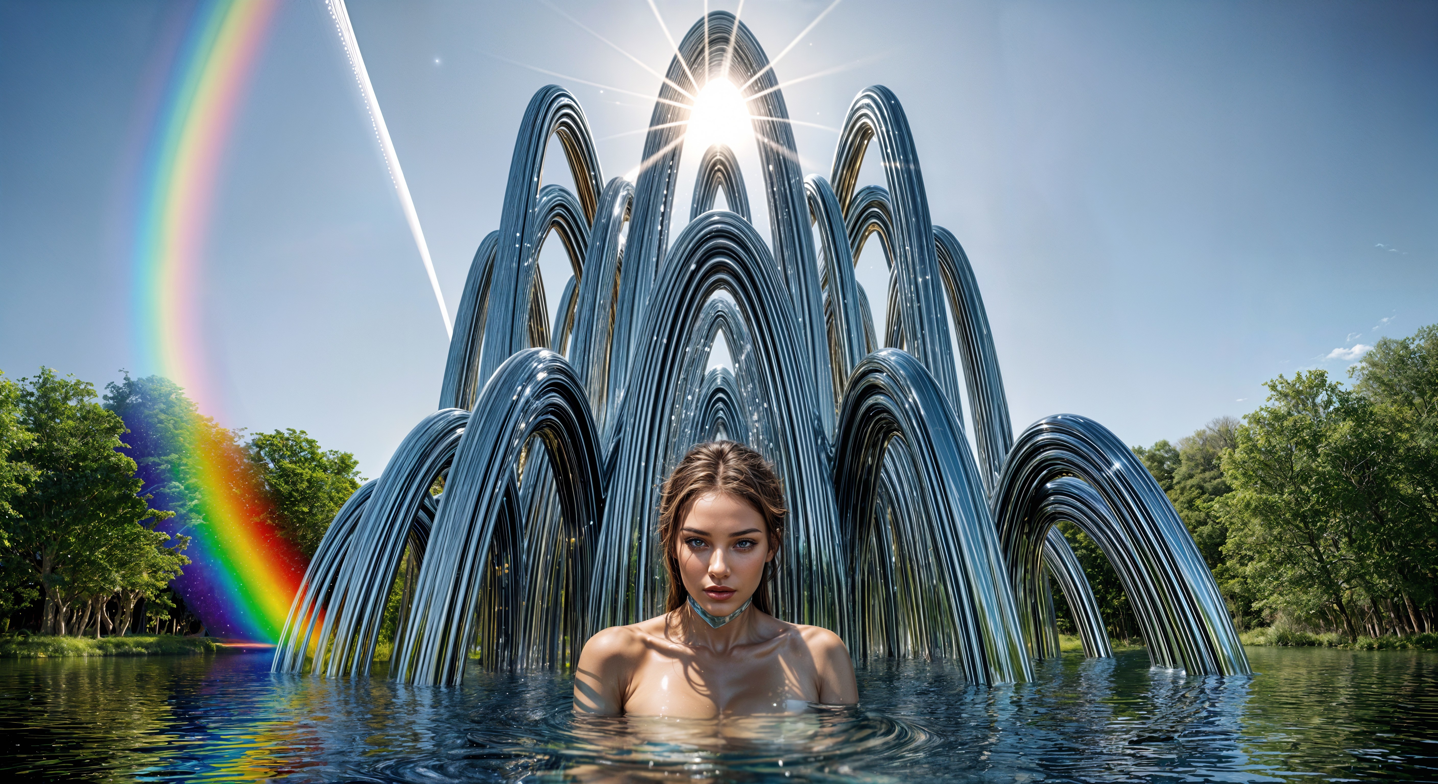 Woman in tranquil waters with metallic sculpture and rainbow