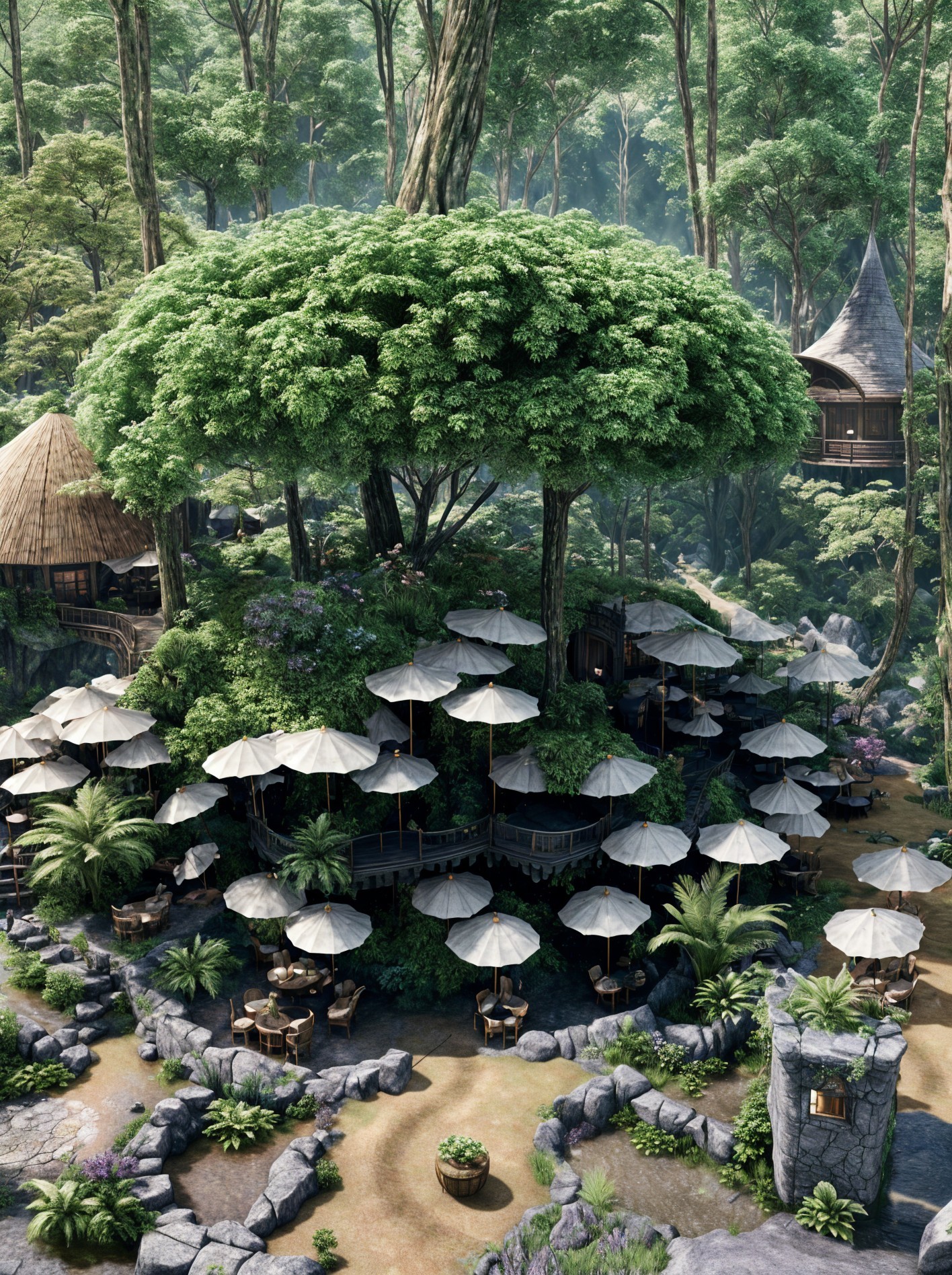 Lush Green Environment with Treehouses and Patios