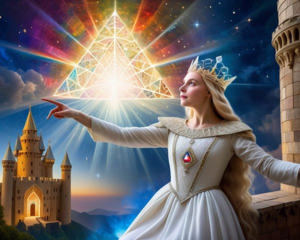 Regal Figure in White Gown with Multicolored Pyramid
