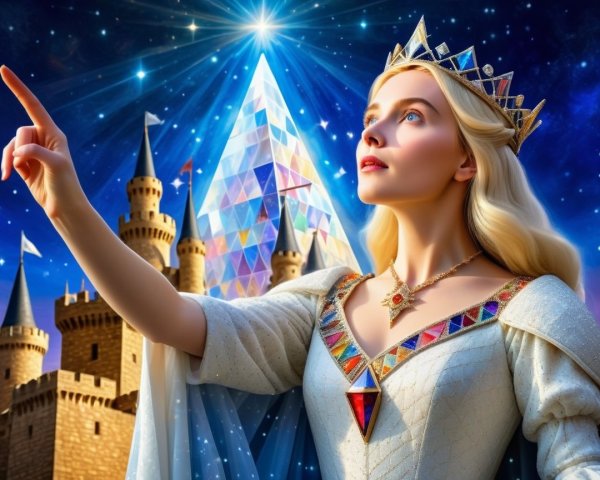 Regal queen in shimmering gown under starry night sky