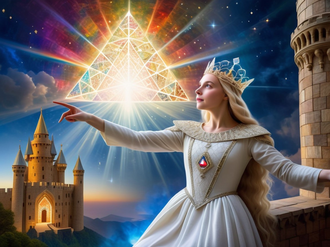 Regal Figure in White Gown with Multicolored Pyramid