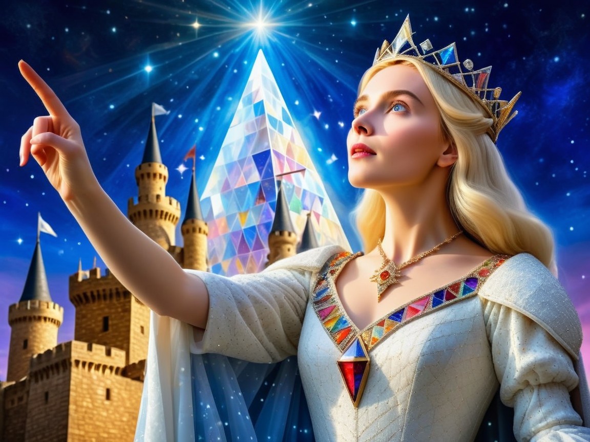 Regal queen in shimmering gown under starry night sky