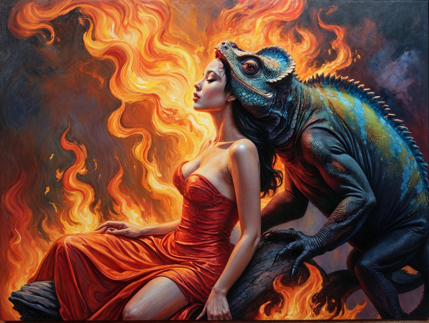 Woman in Red Dress with Colorful Creature and Flames