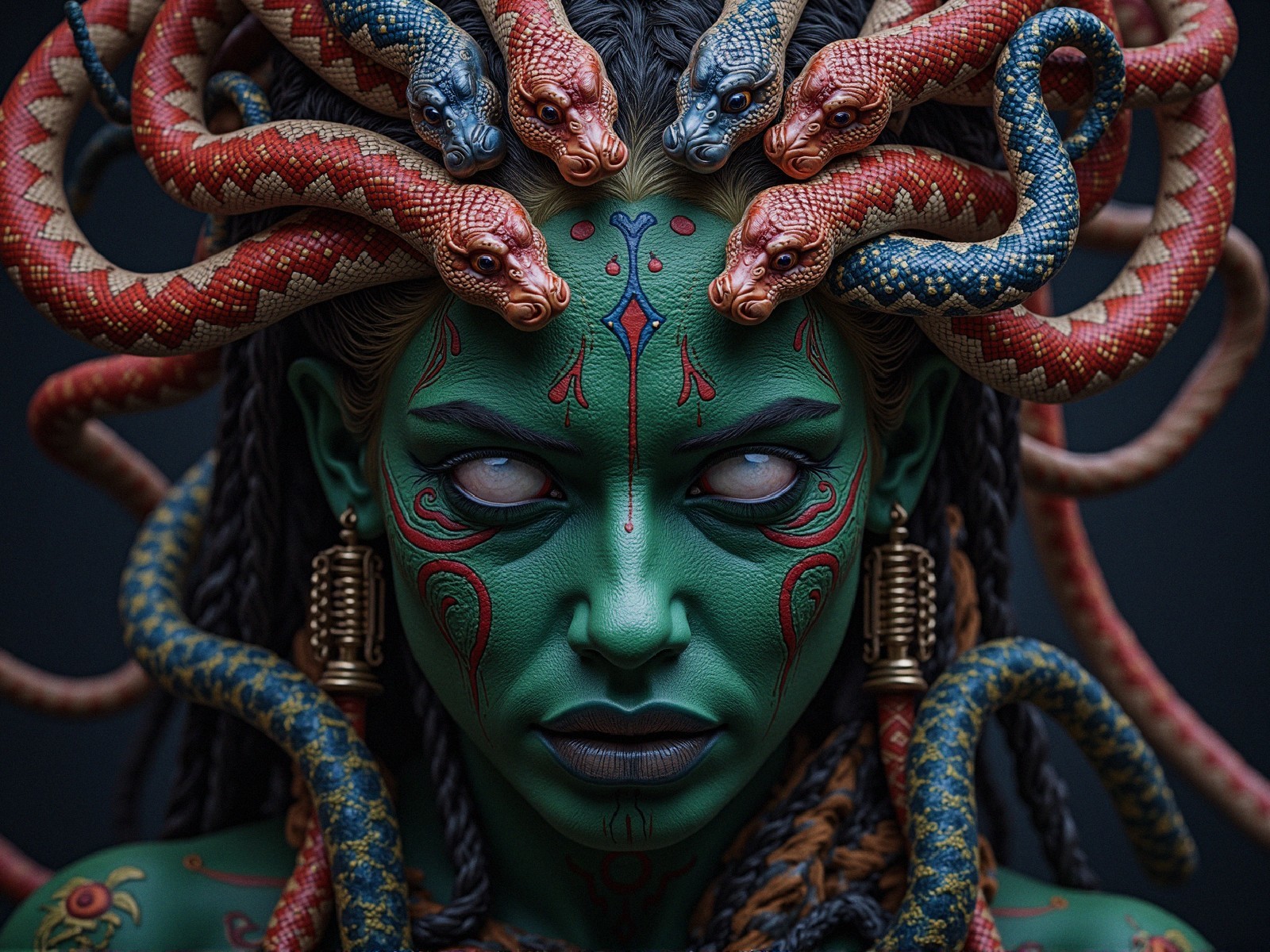 Mythical Character with Green Skin and Serpent Motifs