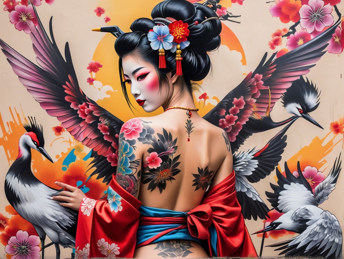 Vibrant Mural of Woman in Red Kimono with Cranes