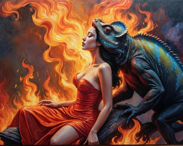 Woman in Red Dress with Colorful Creature and Flames