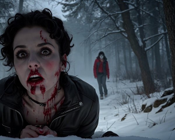 Snowy Forest Scene with Young Woman in Distress