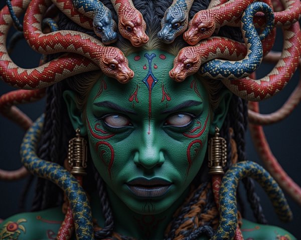 Mythical Character with Green Skin and Serpent Motifs