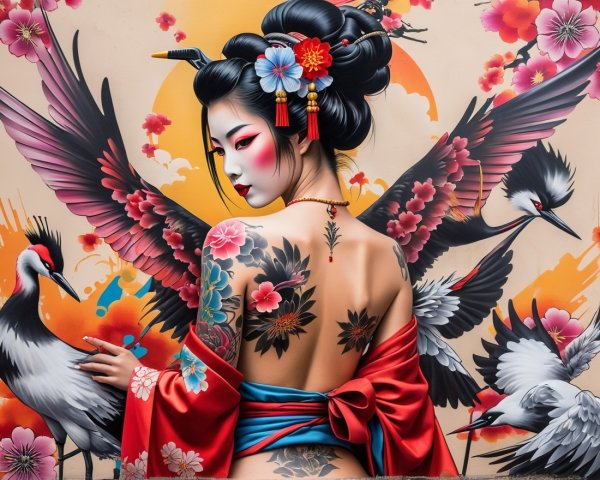 Vibrant Mural of Woman in Red Kimono with Cranes