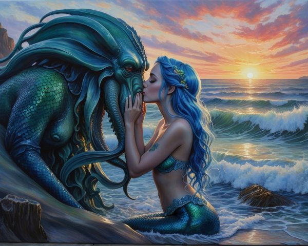 Mermaid and Mythical Creature at Sunset by the Ocean