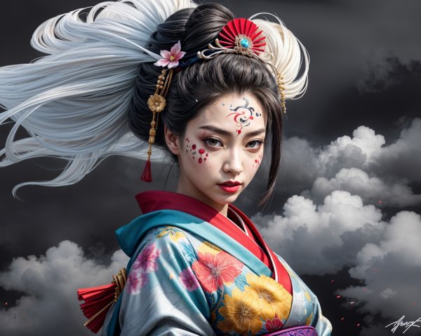Young Woman in Vibrant Kimono Against Dramatic Sky
