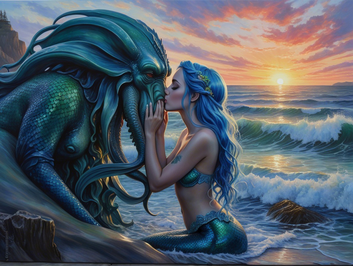 Mermaid and Mythical Creature at Sunset by the Ocean
