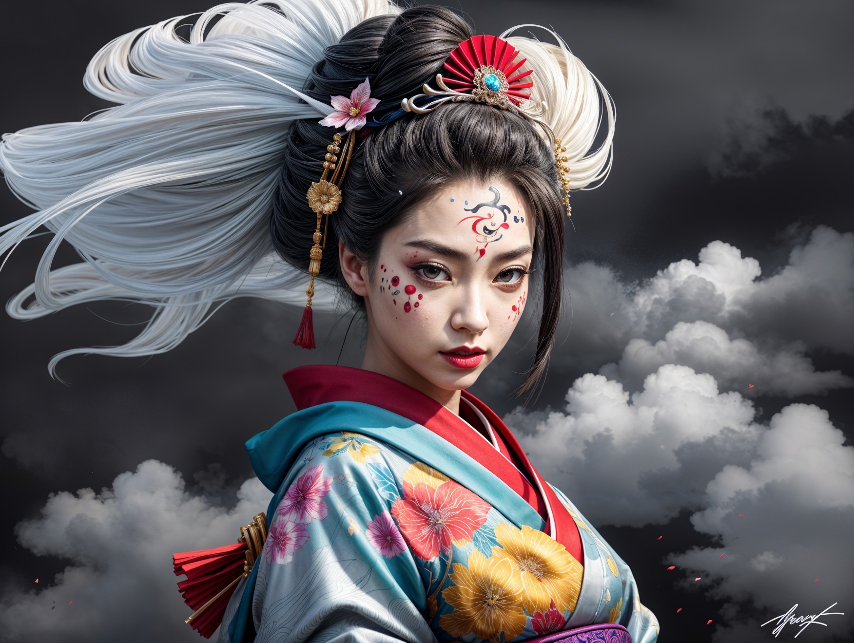 Young Woman in Vibrant Kimono Against Dramatic Sky