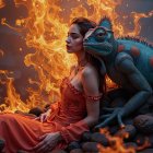 Woman in Red Dress with Colorful Creature and Flames
