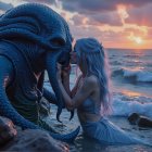 Mermaid and Mythical Creature at Sunset by the Ocean