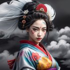 Young Woman in Vibrant Kimono Against Dramatic Sky