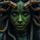 Mythical Character with Green Skin and Serpent Motifs