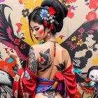 Vibrant Mural of Woman in Red Kimono with Cranes