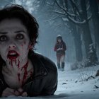 Snowy Forest Scene with Young Woman in Distress