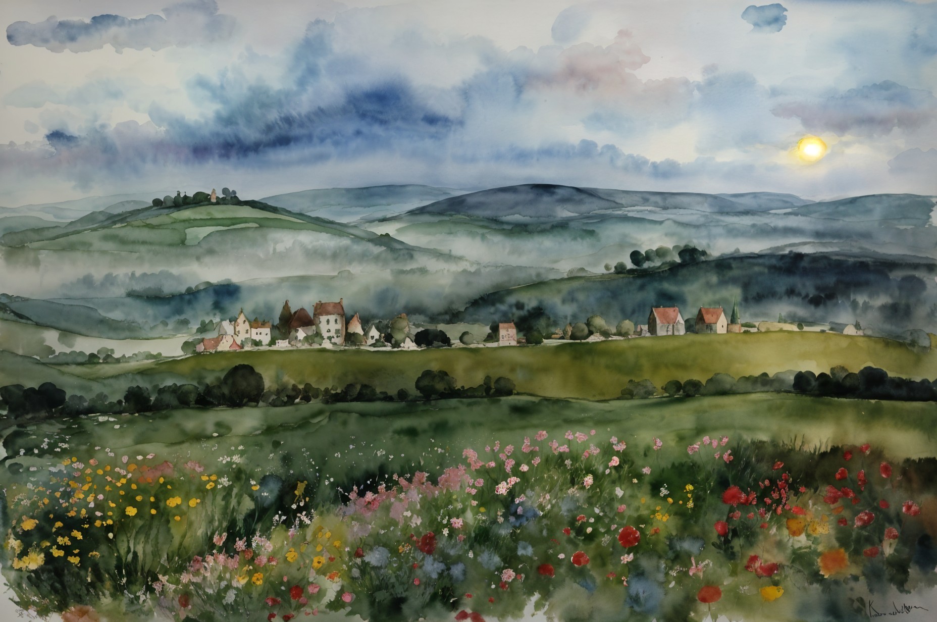 Serene Landscape with Green Hills and Wildflower Meadow