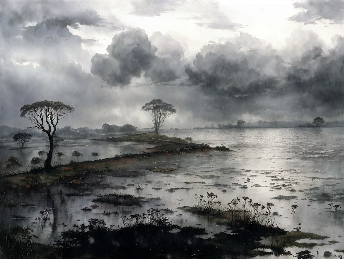 Serene Landscape with Water and Dramatic Sky