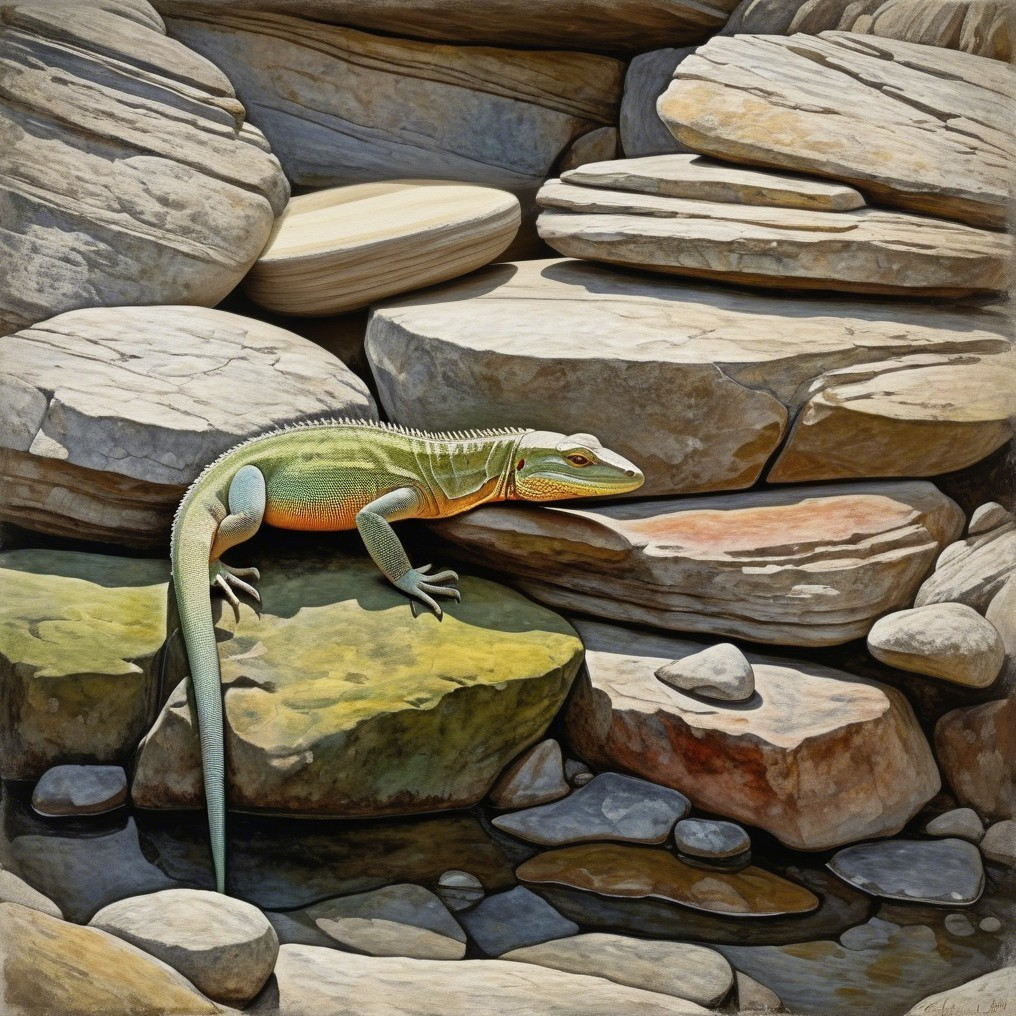 Lizard on Multicolored Stones by Riverbank