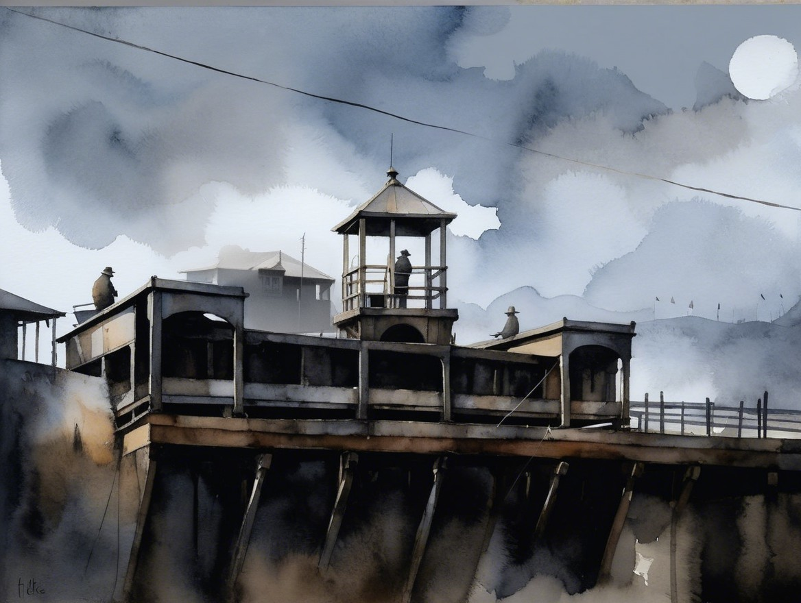 Serene Harbor Scene with Elevated Lookout and Moon