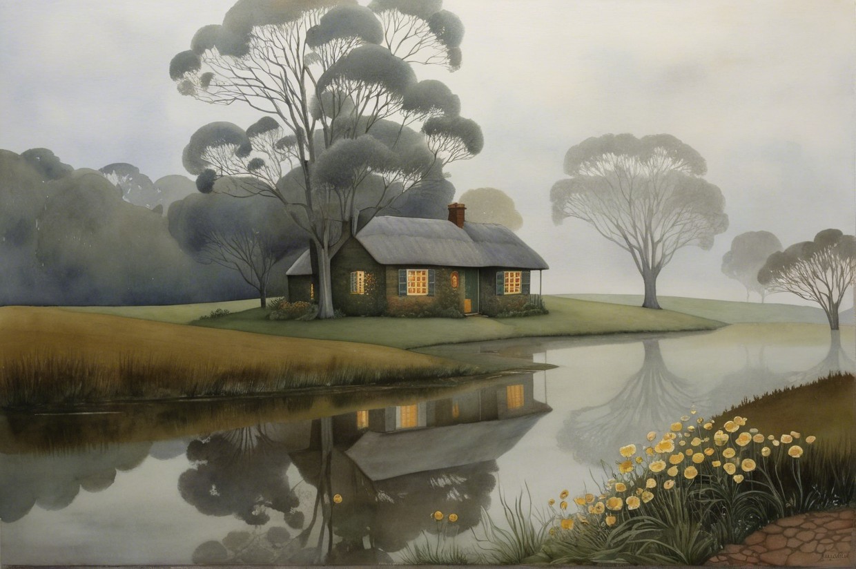 Watercolor Landscape of Cottage by Calm Pond