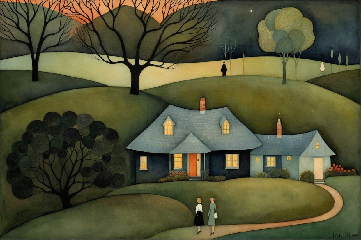 Serene Landscape with House and Figures at Dusk