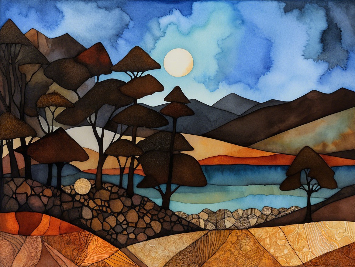 Serene landscape painting with stylized trees and colors