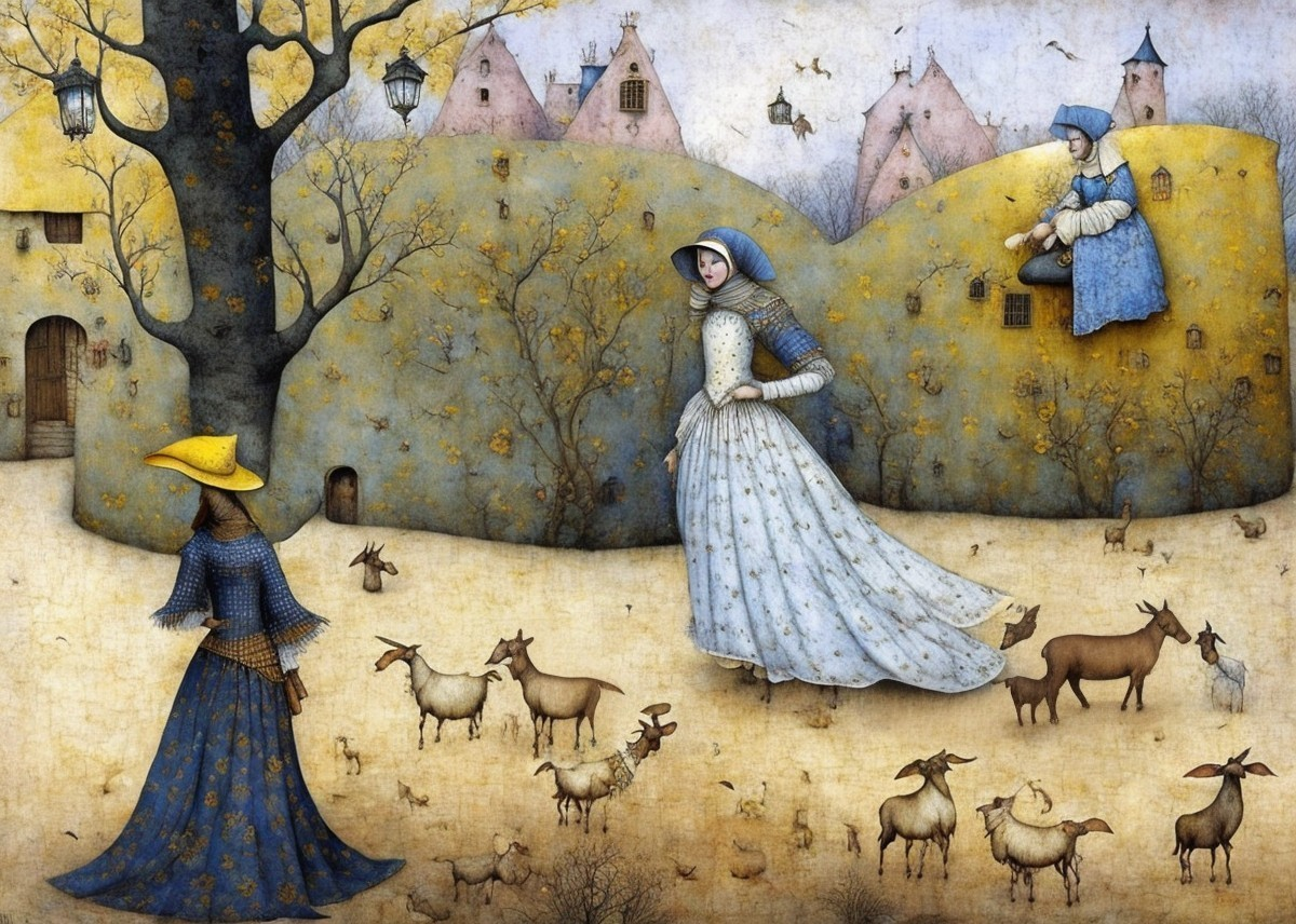 Whimsical Countryside Scene with Vintage Attire and Goats