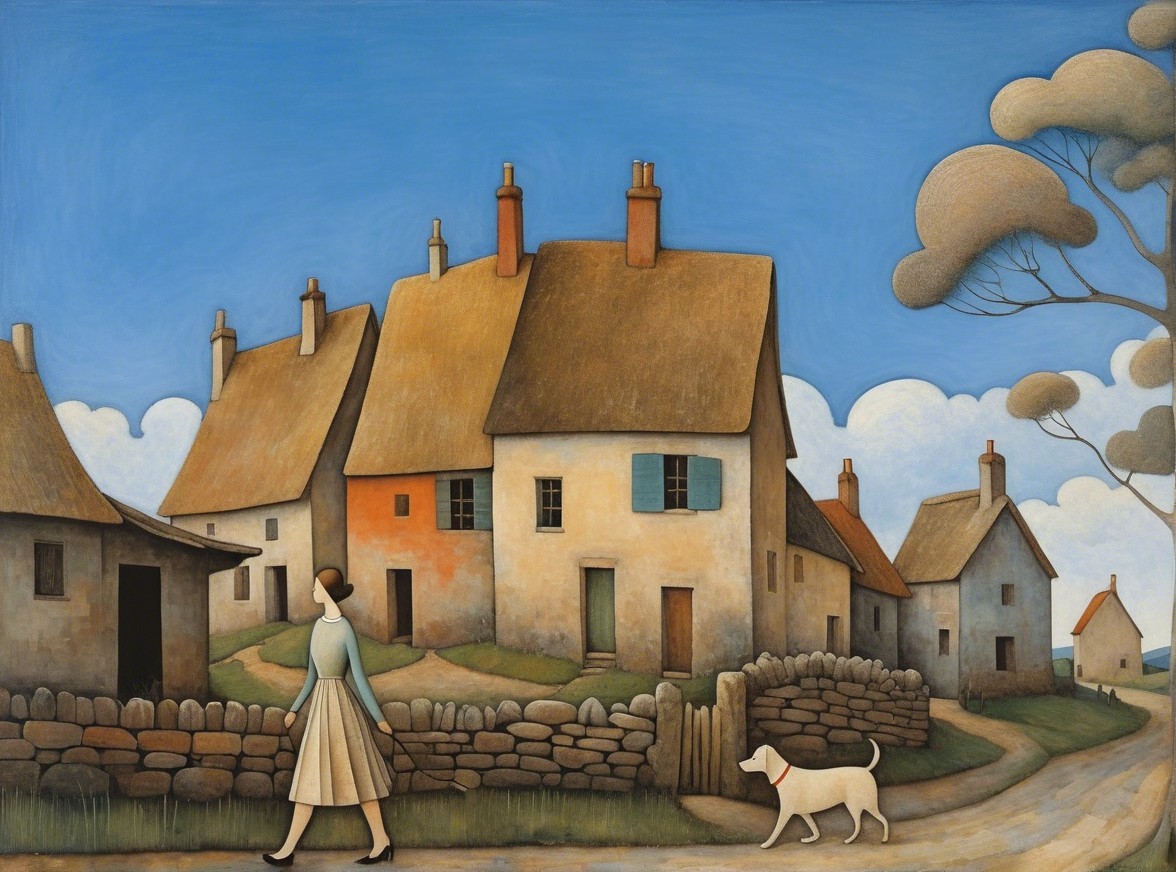 Serene Rural Scene with Cottages and Nature