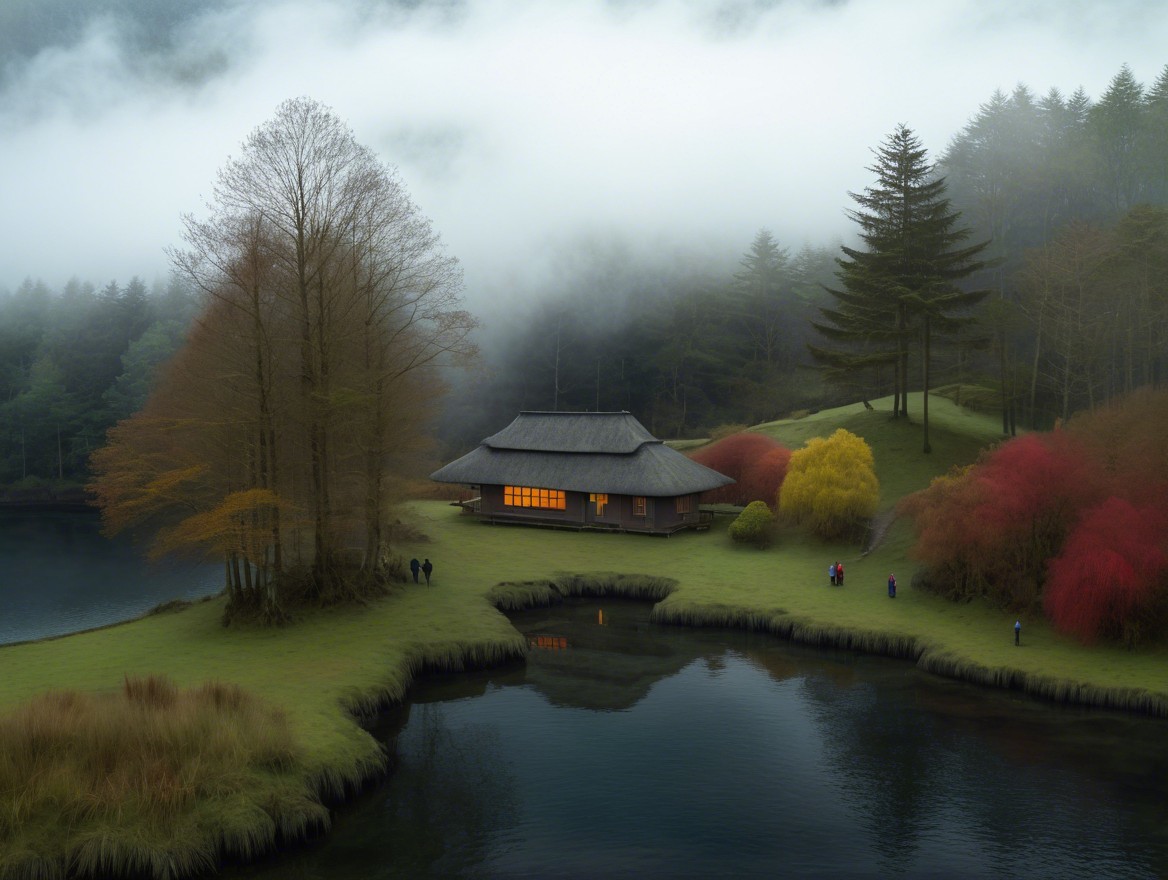 Traditional House by Serene Lake in Autumn Foliage
