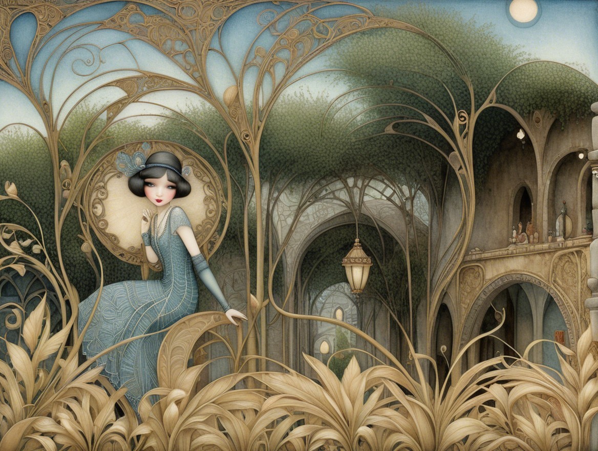 Elegant Woman in Flapper Dress Surrounded by Foliage