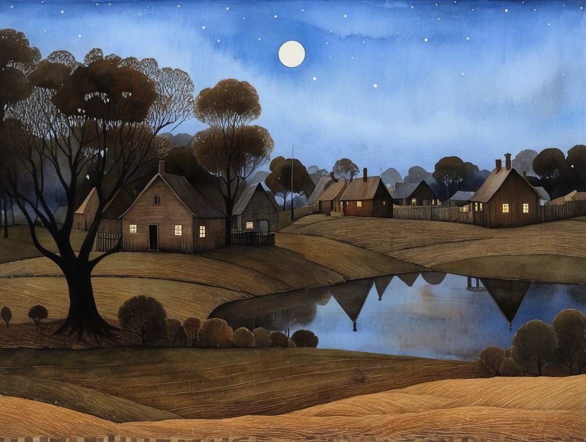 Tranquil Nighttime Rural Landscape with Starry Sky