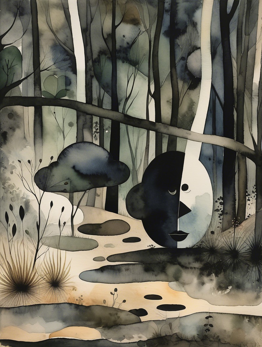 Whimsical Forest Scene with Abstract Shapes and Colors