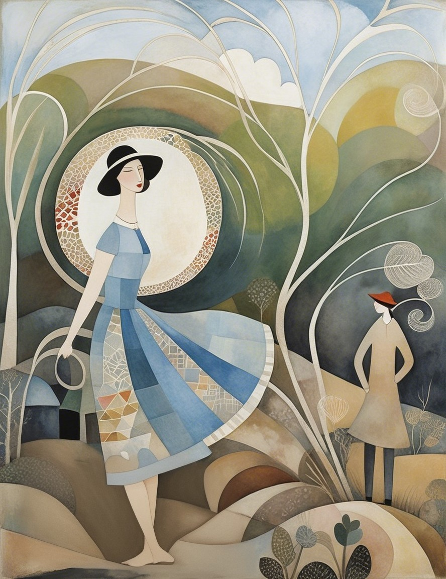 Whimsical Abstract Scene of a Woman in Blue Dress