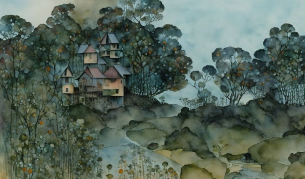 Whimsical Watercolor of Charming Houses and Trees
